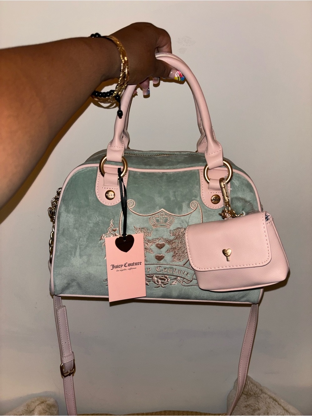 Juicy Couture Sage Velvet Satchel with Pale Pink Trim and Coin Pouch